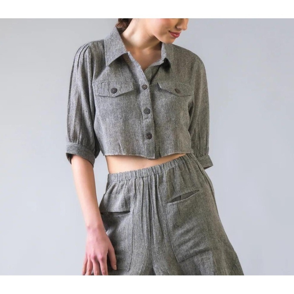 NWT Rhea Women's Mocha Short Jacket Gray Cotton Cropped Balloon Sleeve Size L/XL